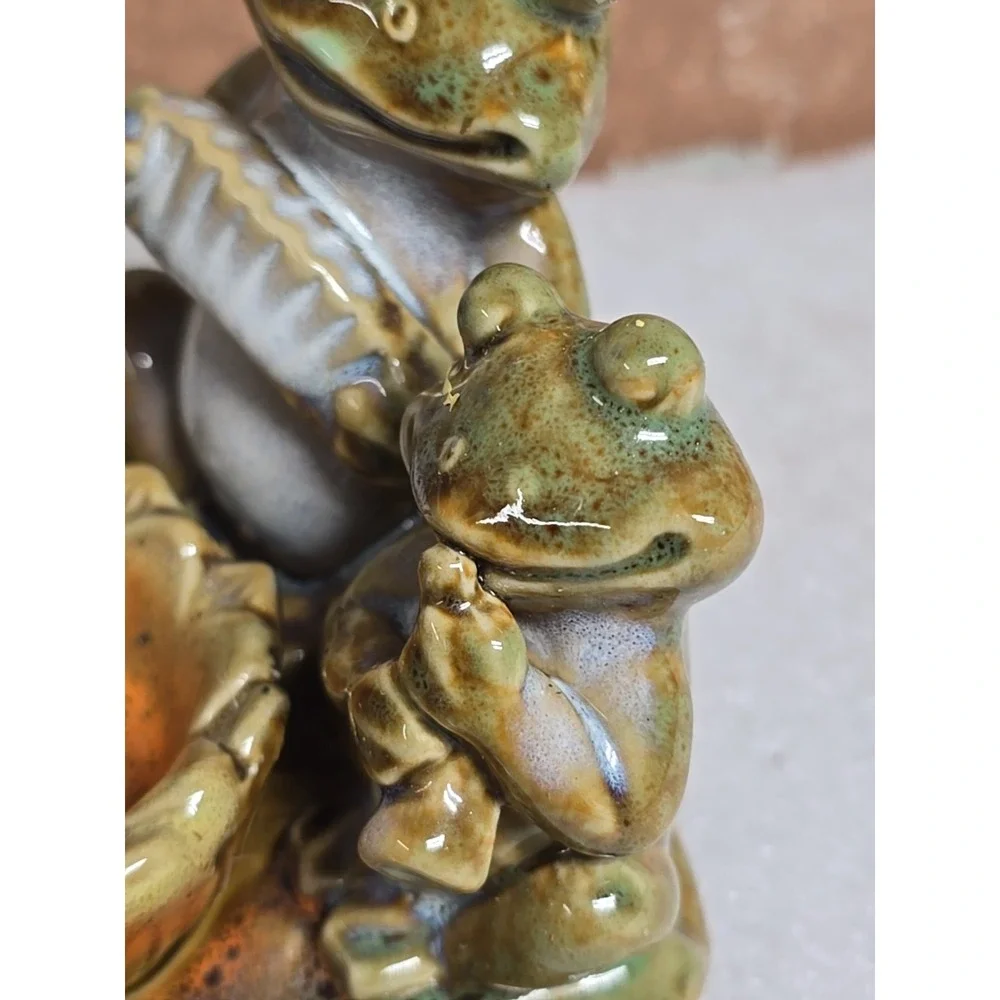 Frogs Toads Votive Candle‎ Holder Playing Instruments on Lily Pad Ceramic Lot 2